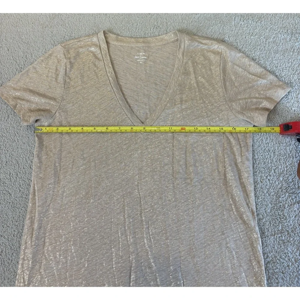 J.Crew Women Linen Metallic Gold  Tan Foil Pocket V-Neck Shirt Small Sheer Chic